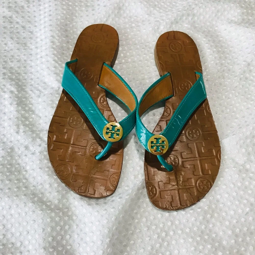 Tory Burch THORA Patent Flip Flops Sandals Shoes-turquoise Aqua Lizard